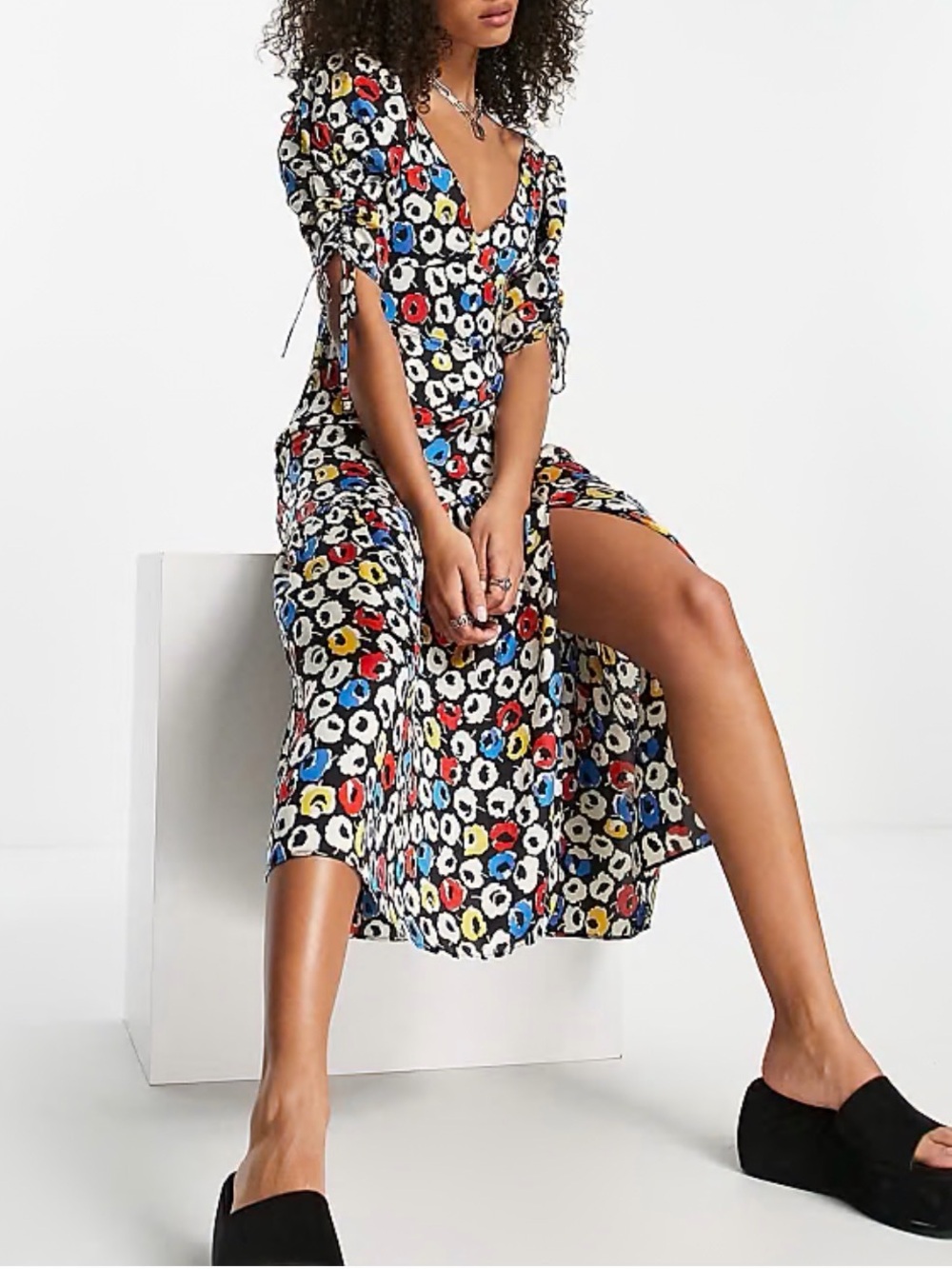 Topshop Black Floral Midi Party Dress with Red, Blue, Yellow & White Accents